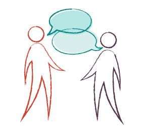 two people with speech bubble graphics